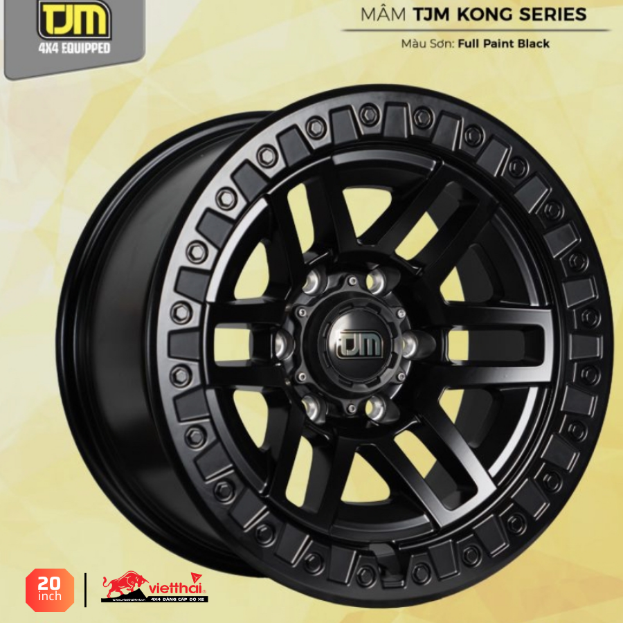 Mâm TJM Kong Series 20×9.5 | 6×139.7 | ET00 | Màu Đen – Viền Ốc trắng